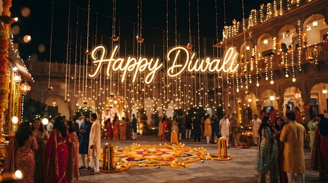 Festive diwali celebration in a traditional indian courtyard with glowing neon sign and hanging oil lamps
