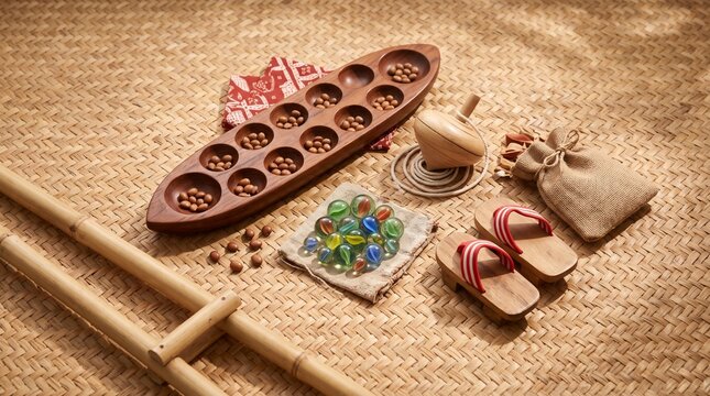 Collection of traditional Indonesian wooden toys featuring congklak board game, bamboo stilts egrang, wooden spinning top gasing, glass marbles and clogs bakiak on woven mat background