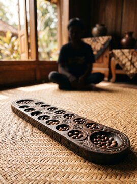 Traditional Indonesian Congklak Wooden Board Game on Woven Mat, Blurred Person Sitting in Wooden Javanese House Background, Authentic Asian Cultural Heritage Nostalgia Concept