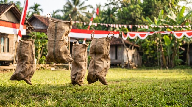 Burlap sacks jumping in mid air on green grass field in traditional Indonesian village with red white flags for Independence Day 17 August festival balap karung traditional game concept