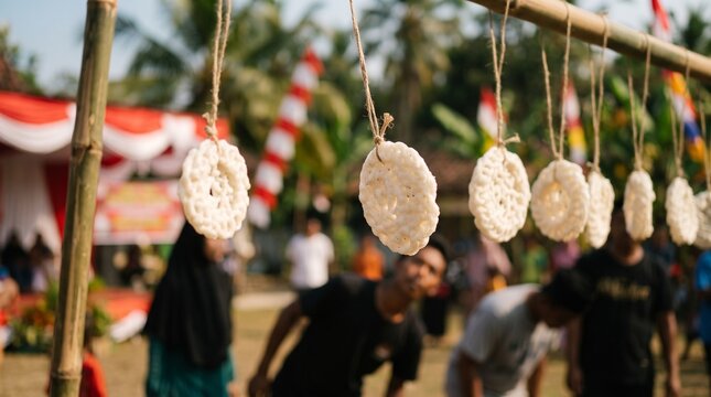 Hanging White Krupuk Crackers String Line for Traditional Indonesian Independence Day August 17 Eating Contest Game Lomba Makan Kerupuk Festival