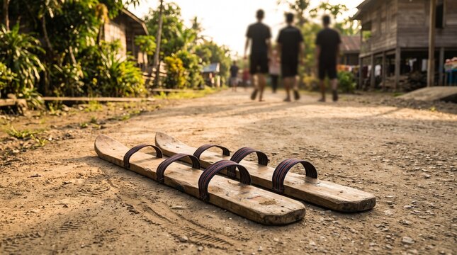 Traditional wooden clogs bakiak on dirt village road with young men walking in background at golden hour, representing Indonesian cultural heritage, teamwork game and rural nostalgia