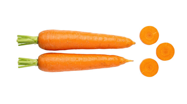 Two Fresh Carrots and Three Slices on White Background.