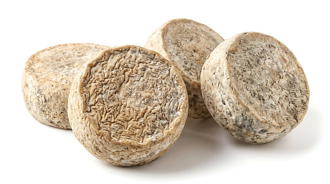 Four small rounds of aged goat cheese with natural mold rind isolated on white background.