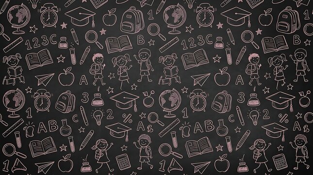 Seamless school supplies pattern featuring hand drawn chalk doodles on a dark blackboard background with stationery black chalkboard