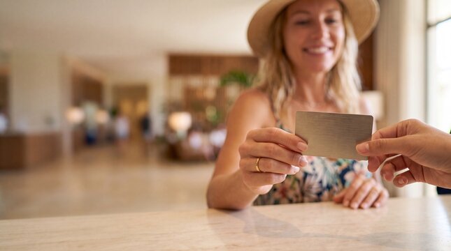 Hotel Check-in: A smiling woman in a sun hat hands her card to a reception desk attendant during check-in at a bright, modern hotel lobby.