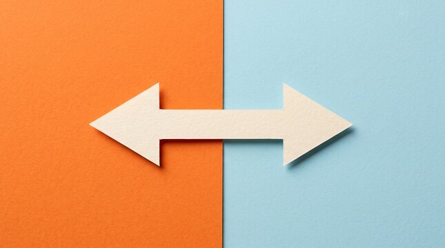 White paper arrow pointing left and right across a split background of vibrant orange and pastel blue, symbolizing choice, direction, opposition, and decision making with clean, minimalist design