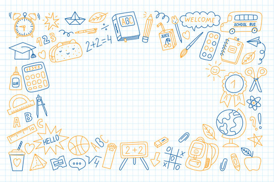 Hand drawn colorful back to school doodle banner, vector illustration