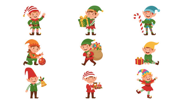Christmas elves characters icons set featuring cute little Santa helpers with holiday gifts, toys, candy cane, festive vector illustration isolated on white background