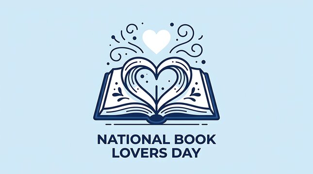 Minimalist illustration featuring open book with heart shaped pages celebrating national book lovers day event concept with surrounded decorative swirls