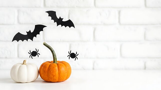 Minimalist halloween decoration featuring orange and white pumpkins with paper bats and spiders against brick wall with holiday arrangement
