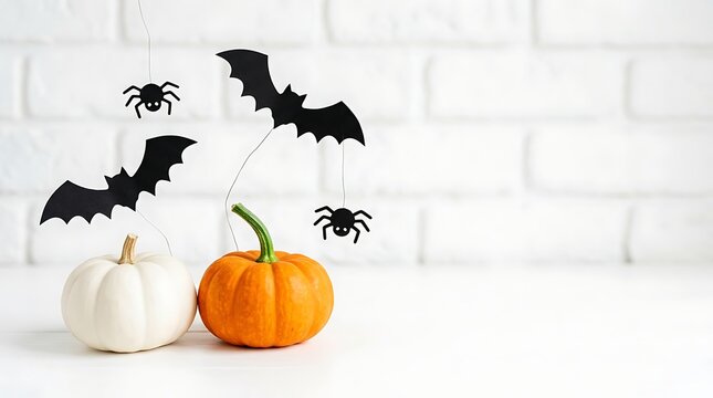 Minimalist halloween decoration featuring orange white pumpkins paper bats spiders against white brick wall backdrop with festive halloween composition