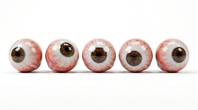 Five realistic human eyeballs lined up horizontally against a clean white studio background with arranged straight horizontal eyeballs brown irises