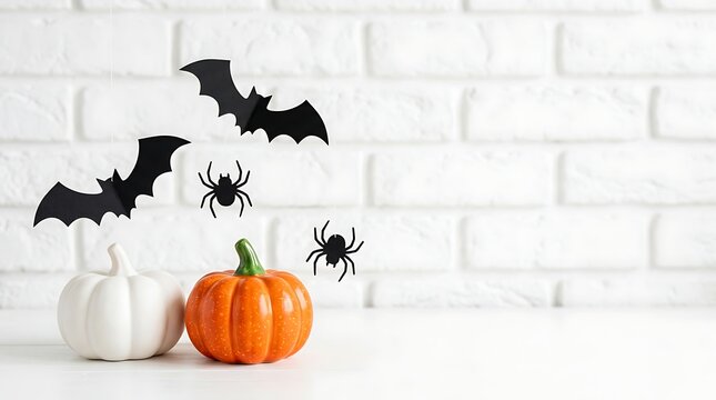 Decorative halloween pumpkins bats spiders white brick wall background festive seasonal holiday home decor composition with displays two small pumpkins