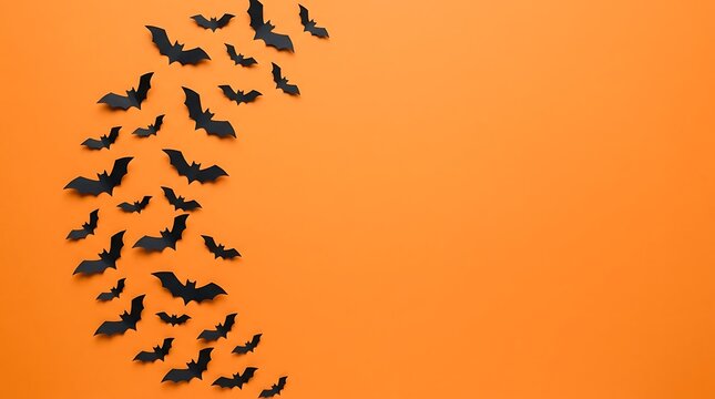 Black paper bats flying in crescent formation over vibrant orange background for seasonal holiday celebration decor with background soft overhead