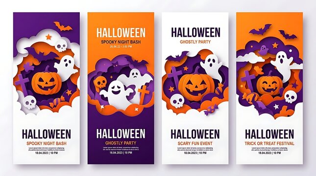 Set of four vertical halloween banners featuring layered paper cutout illustrations with festive seasonal elements with motifs with displays collection