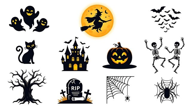 Set of spooky halloween silhouette elements featuring ghosts witch castle pumpkin skeleton tree spider web with seasonal celebrations