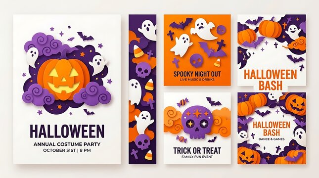 Halloween celebration event flyer templates set featuring paper cut style pumpkins ghosts and skulls design elements collection with designed vibrant paper