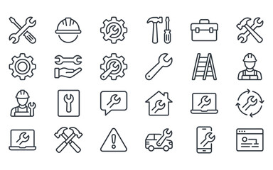 Fototapeta premium Home repair and construction tools icons with wrench hammer gear and worker outline graphic symbols.