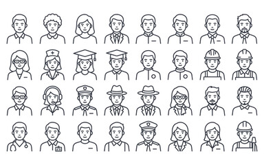Fototapeta premium Diverse professions avatar icon set representing global workforce and various career paths in society.