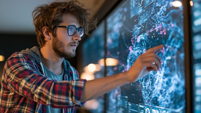 Focused coder examines intricate digital pattern visualized on illuminated screen, projecting purple and blue tones, indicative of analytical work and cutting-edge technological concepts