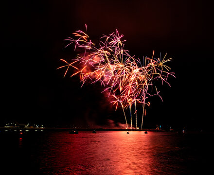 Fireworks From AJ Pyrotechnics Over The Water At The Barbican As Part Of The 2026 British Firework Championships Viewed From Queen Anne's Battery, Plymouth