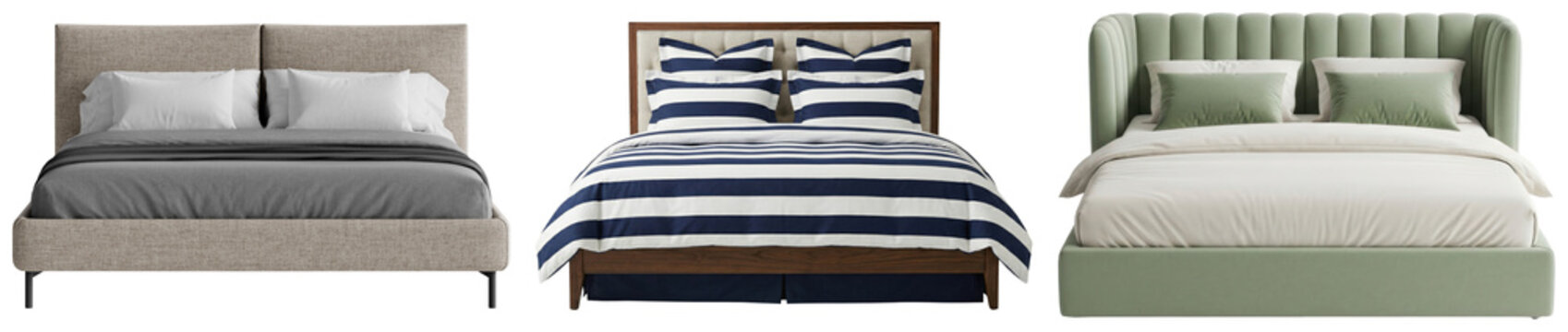 Three different styles of beds with bedding, isolated on a white background