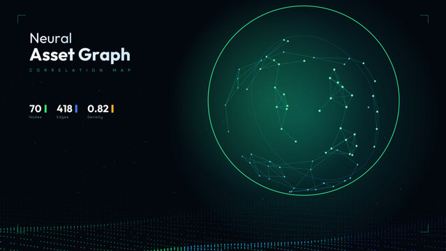 Abstract neural asset graph correlation map with interconnected data nodes, network edges, density metrics and futuristic artificial intelligence analytics interface. Editable elements         