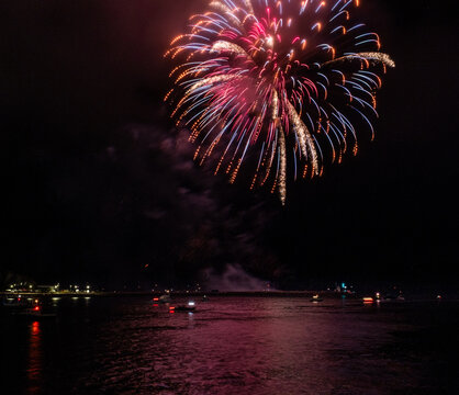 Fireworks From AJ Pyrotechnics Over The Water At The Barbican As Part Of The 2026 British Firework Championships Viewed From Queen Anne's Battery, Plymouth