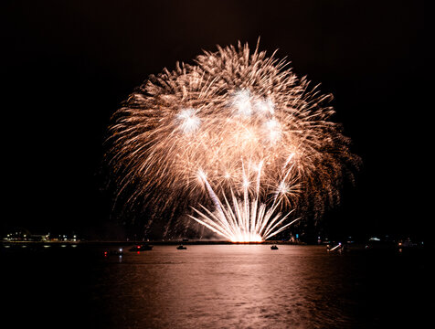 Fireworks From AJ Pyrotechnics Over The Water At The Barbican As Part Of The 2026 British Firework Championships Viewed From Queen Anne's Battery, Plymouth