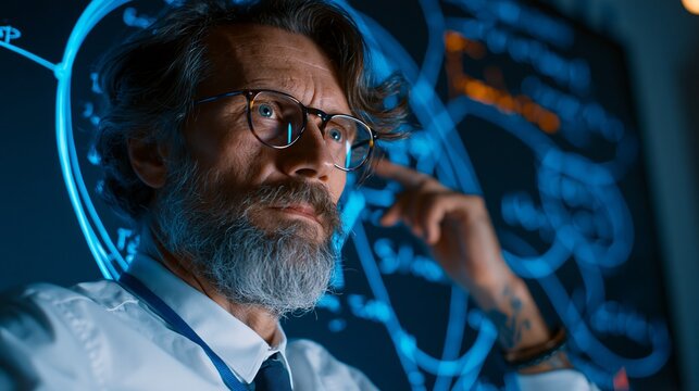 Mature man with graying hair and glasses studies complex diagrams glowing in blue hues, representing technological innovation and sophisticated problem solving