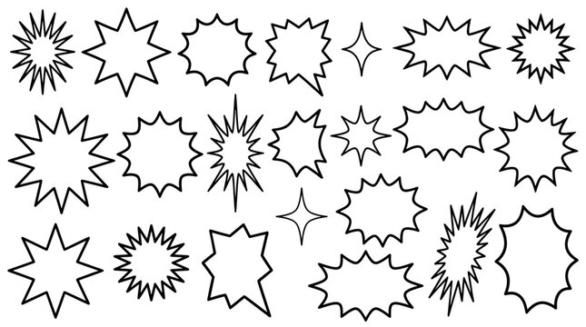 Retro comic speech bubble vector set, black outline burst frames and star shapes, pop art callout stickers for text