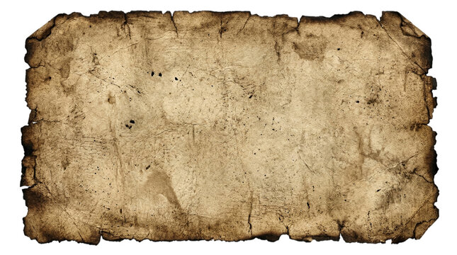 A rectangular piece of aged vintage parchment paper with rough edges isolated on transparent background