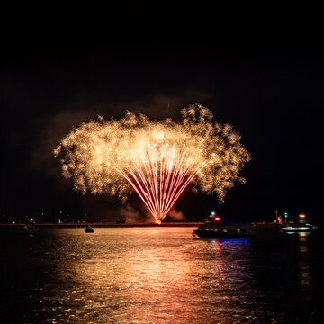 Fireworks From Nemisis Pyrotechnics Over The Water At The Barbican As Part Of The 2026 British Firework Championships Viewed From Queen Anne's Battery, Plymouth