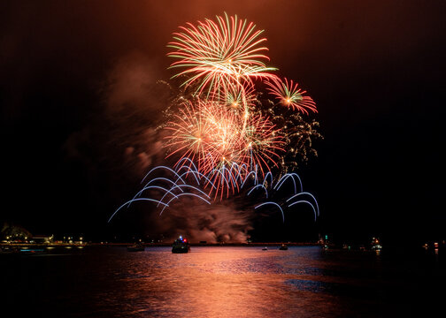 Fireworks From Nemisis Pyrotechnics Over The Water At The Barbican As Part Of The 2026 British Firework Championships Viewed From Queen Anne's Battery, Plymouth
