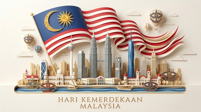 3D paper cut style Malaysia independence day Hari Kemerdekaan illustration with waving national flag and Kuala Lumpur skyline
