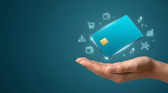 Hand holding credit card with payment icons.
