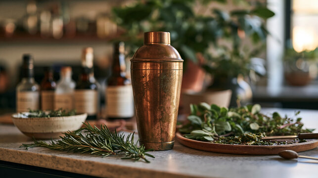 A copper-patina cocktail shaker sits on a modest home kitchen counter beside muddled herbs and handmade bitters bottles, moody low evening light, symbolic of artisan bartending