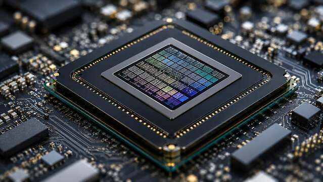 Macro Close-up of Computer Processor Chip on Circuit Board