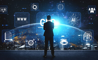 Fototapeta premium Businessman in Suit Standing Before Futuristic Digital Interface with Technology and Data Icons in a Space Setting. Glyphic.
