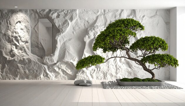 Minimalist room with sculpted stone wall and bonsai.