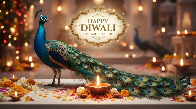 Beautiful peacock standing near a glowing diya lamp on a floral rangoli pattern for diwali festival of lights celebration