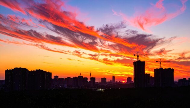 tall construction cranes and dark building silhouettes against vibrant dramatic sunset sky urban development real estate growth industrial city skyline evening landscape 