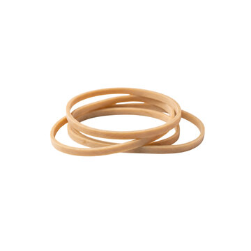 Rubber bands coiled together rest on a bright white studio background.