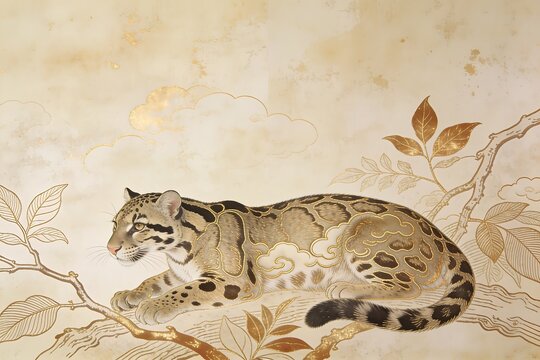 A hand drawn gold bronze line art clouded leopard rests among stylized branches on a warm beige textured wallpaper mural background