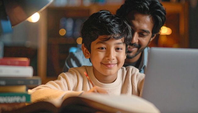 Father helping son with homework at desk with laptop and books