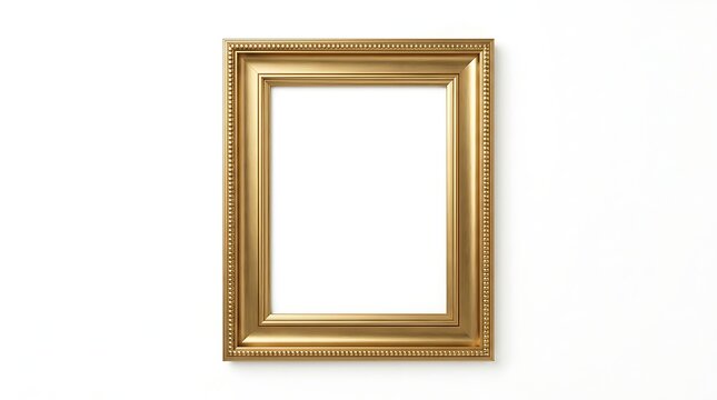 An ornate golden picture frame display template with empty center space isolated against a solid bright white background.