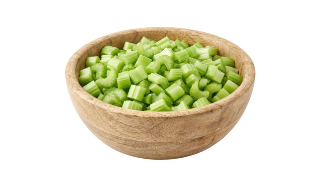 Wooden bowl filled with freshly chopped celery cubes.
