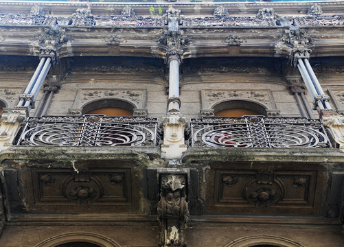 Upper facade of Casa Milza in Piacenza, a valuable Art Nouveau building located in Via XX Settembre, designed in 1914 by the Piacenza architect Giovanni Gazzola
