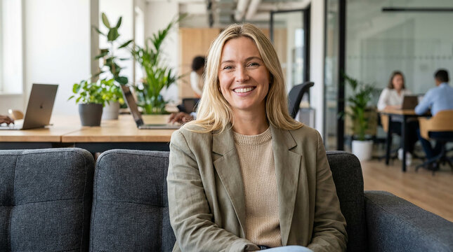 Smiling blonde woman sitting on a couch in a modern workspace
